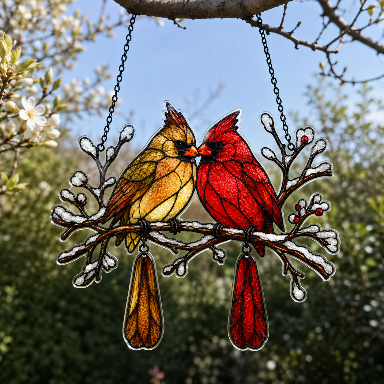 Cardinal Couple Snowy Branch Holographic Acrylic Suncatcher
