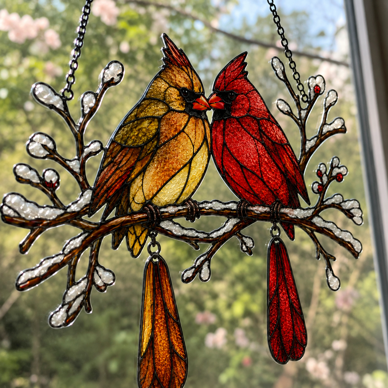 Cardinal Couple Snowy Branch Holographic Acrylic Suncatcher