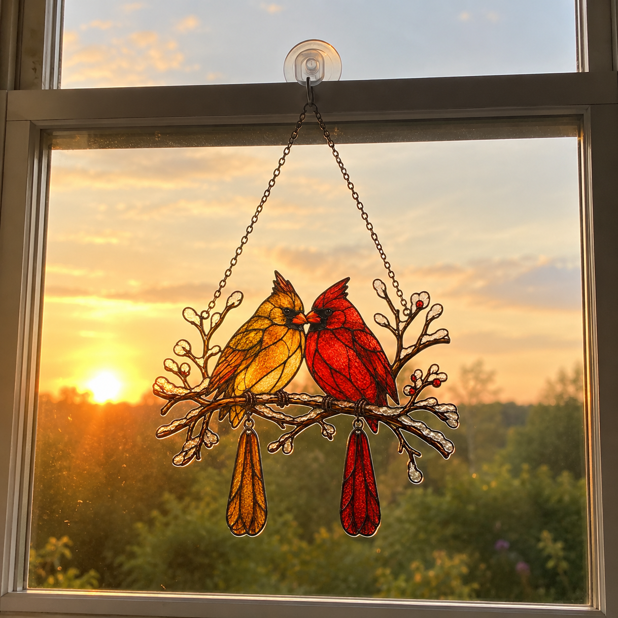 Cardinal Couple Snowy Branch Holographic Acrylic Suncatcher