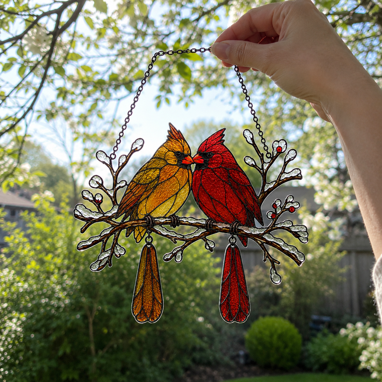 Cardinal Couple Snowy Branch Holographic Acrylic Suncatcher