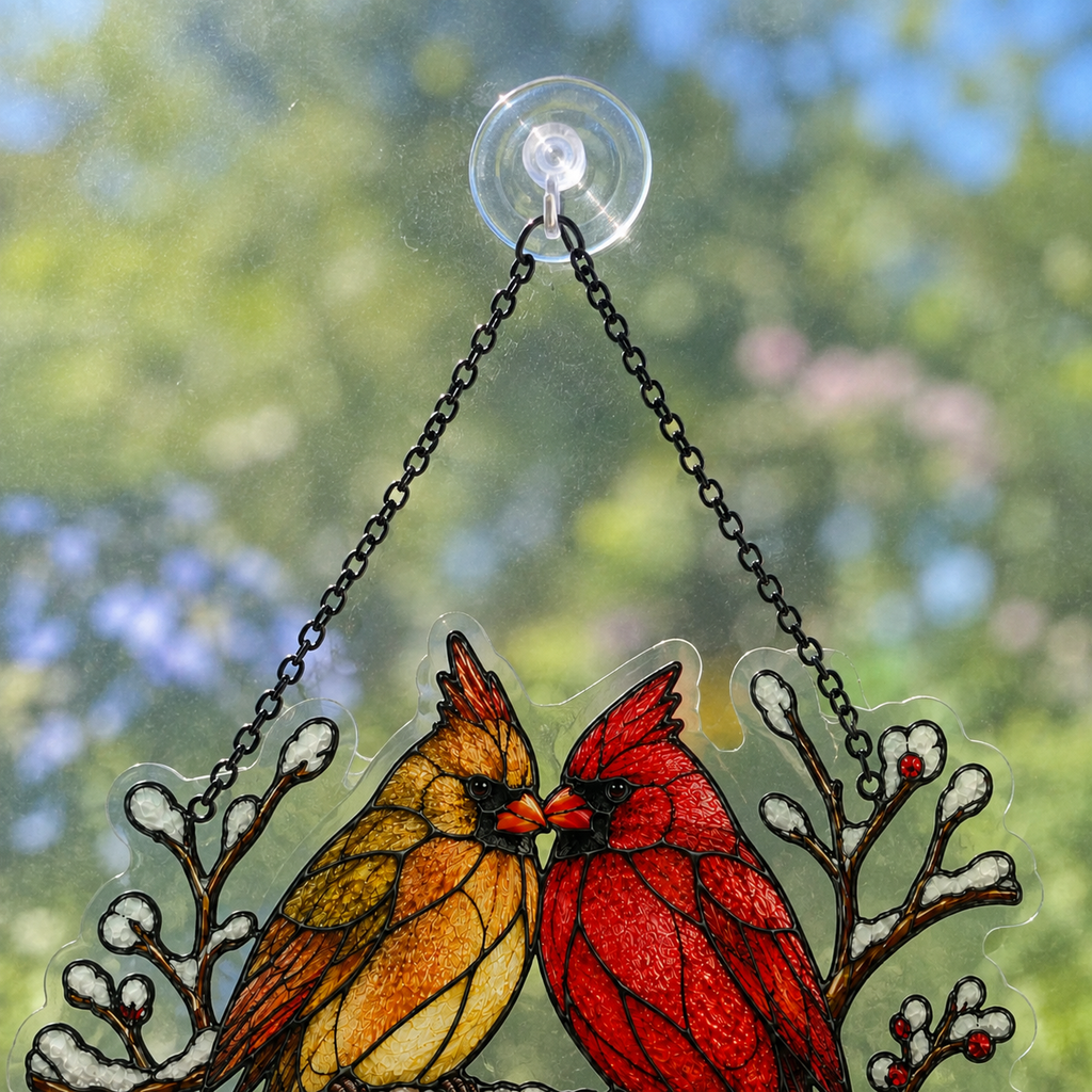 Cardinal Couple Snowy Branch Holographic Acrylic Suncatcher