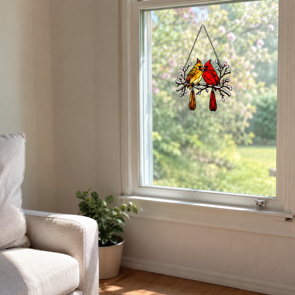 Cardinal Couple Snowy Branch Holographic Acrylic Suncatcher