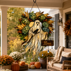Ghost with Boo Sign & Autumn Wreath Holographic Acrylic Suncatcher