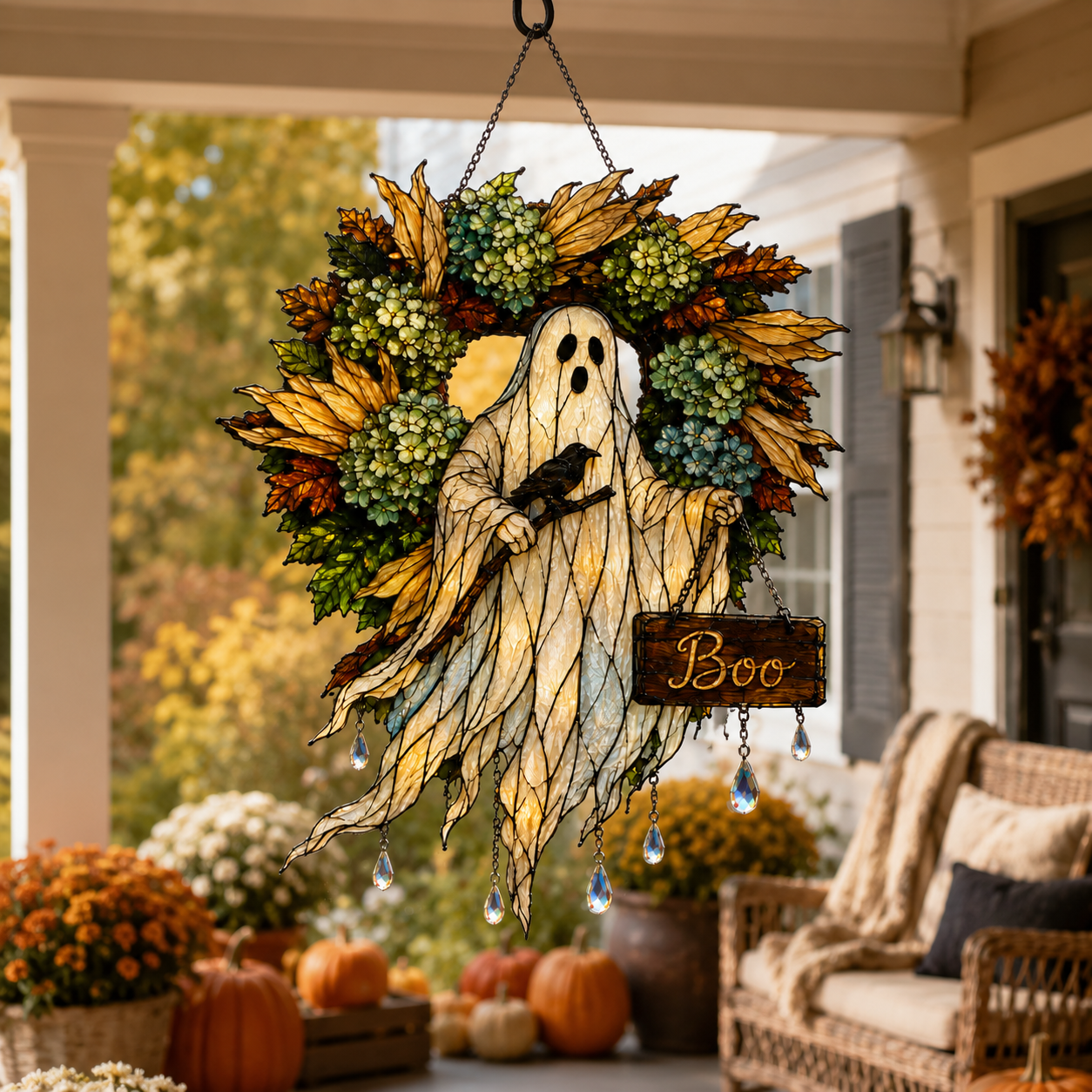 Ghost with Boo Sign & Autumn Wreath Holographic Acrylic Suncatcher
