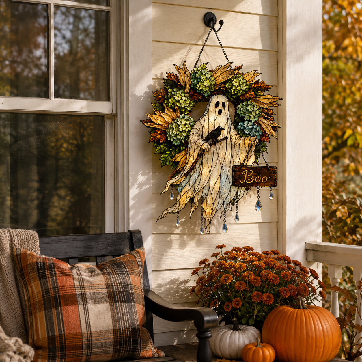 Ghost with Boo Sign & Autumn Wreath Holographic Acrylic Suncatcher