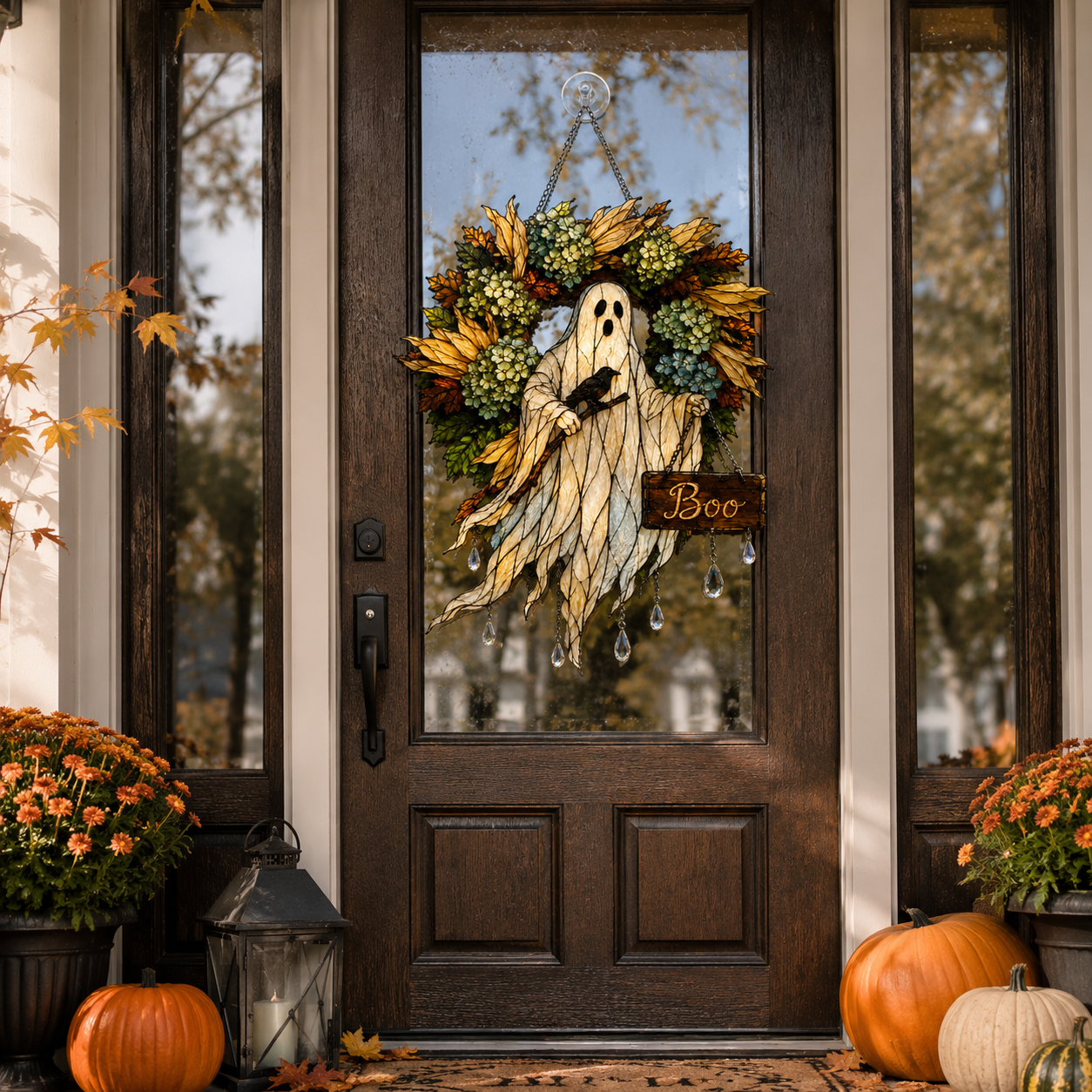 Ghost with Boo Sign & Autumn Wreath Holographic Acrylic Suncatcher