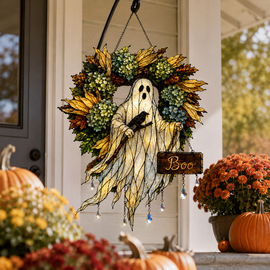 Ghost with Boo Sign & Autumn Wreath Holographic Acrylic Suncatcher
