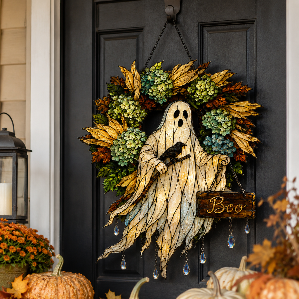 Ghost with Boo Sign & Autumn Wreath Holographic Acrylic Suncatcher
