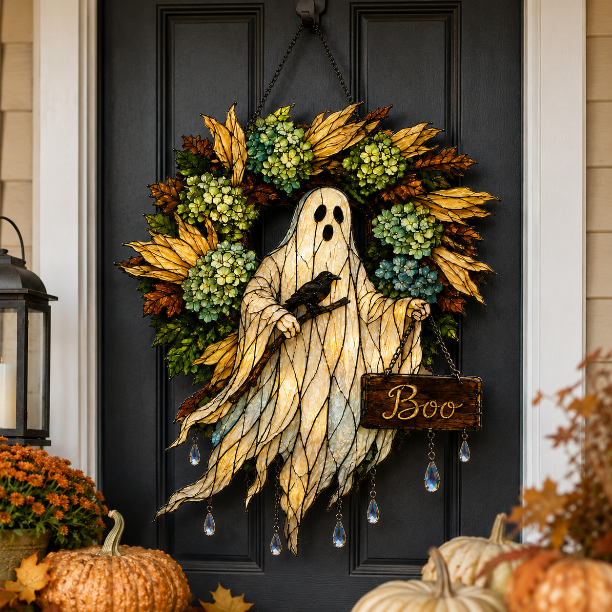 Ghost with Boo Sign & Autumn Wreath Holographic Acrylic Suncatcher