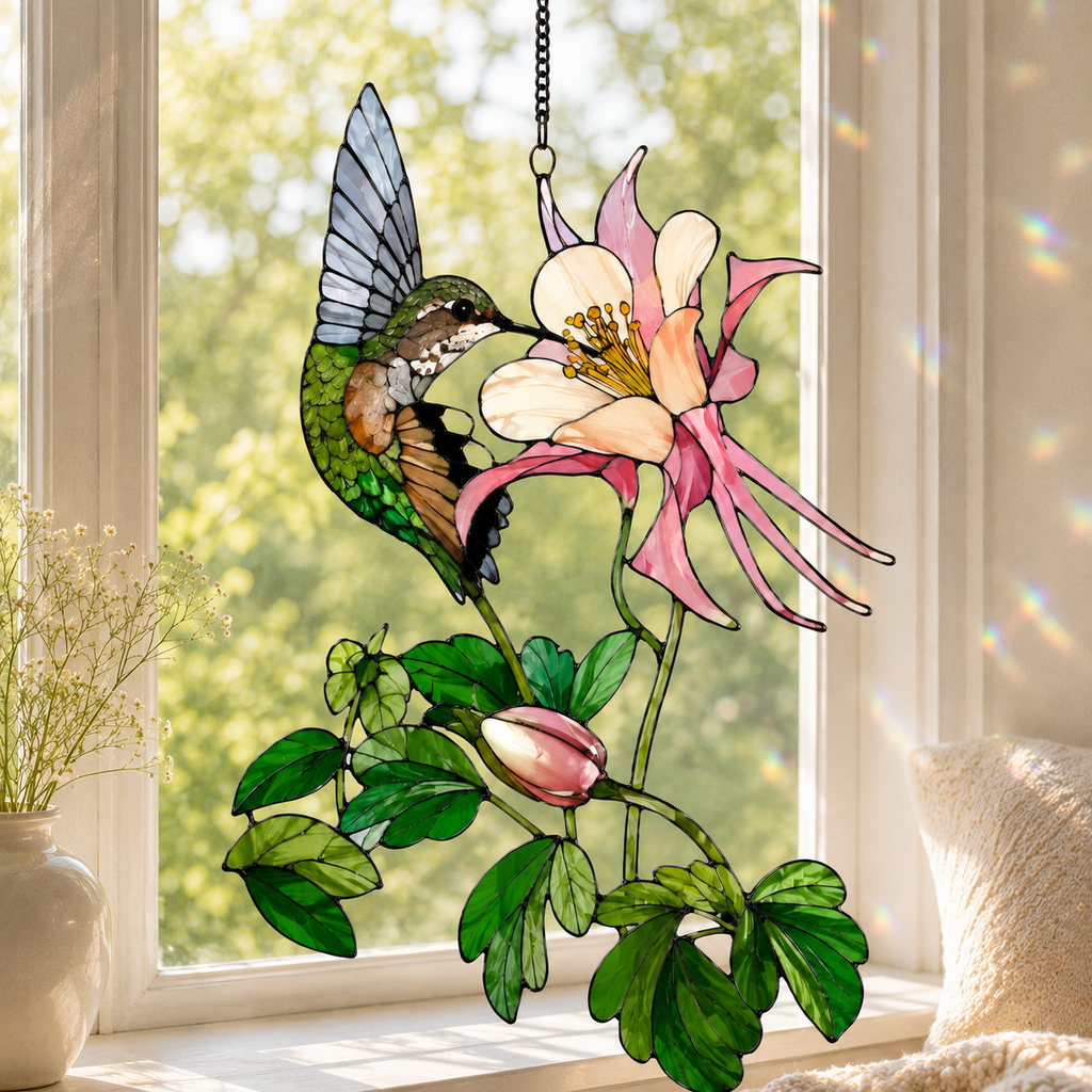 Hummingbird & Columbine Holographic Acrylic Suncatcher