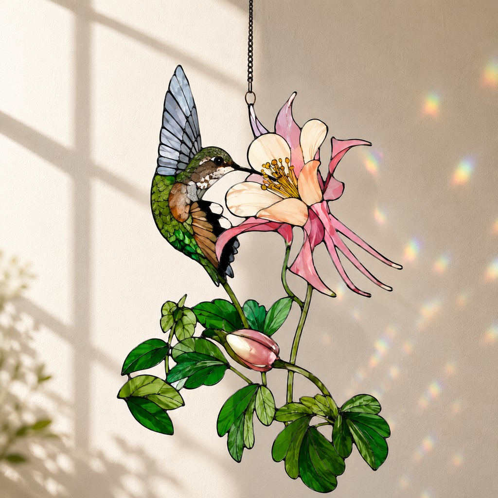 Hummingbird & Columbine Holographic Acrylic Suncatcher
