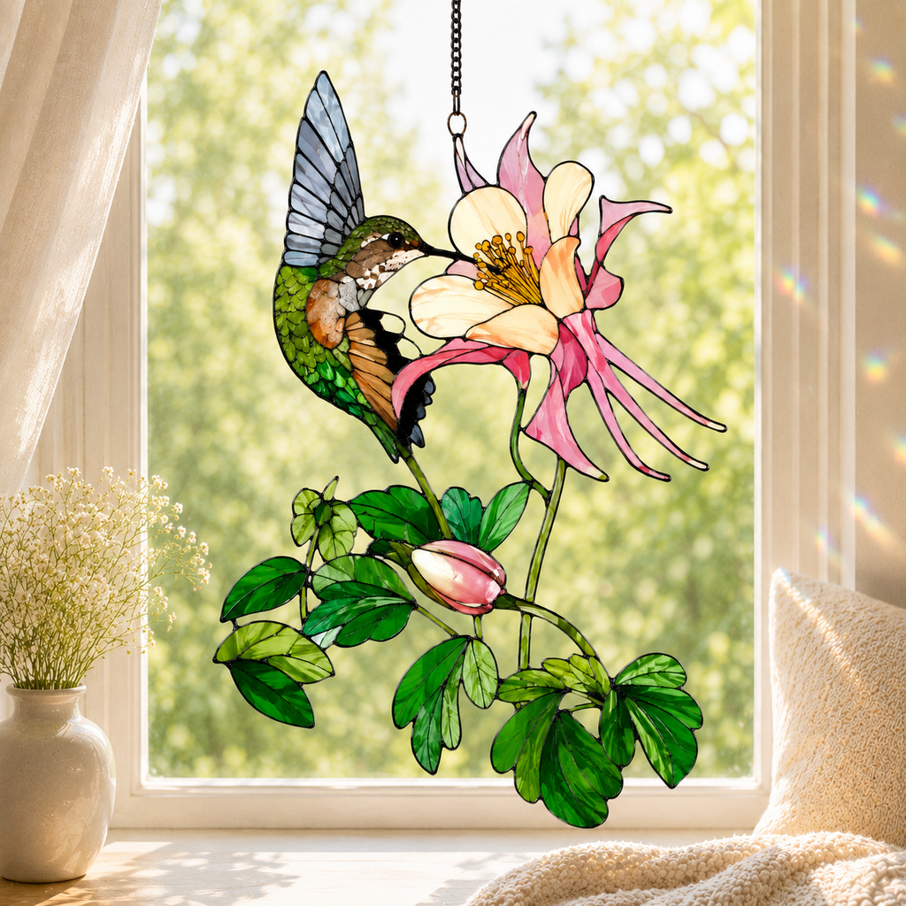 Hummingbird & Columbine Holographic Acrylic Suncatcher
