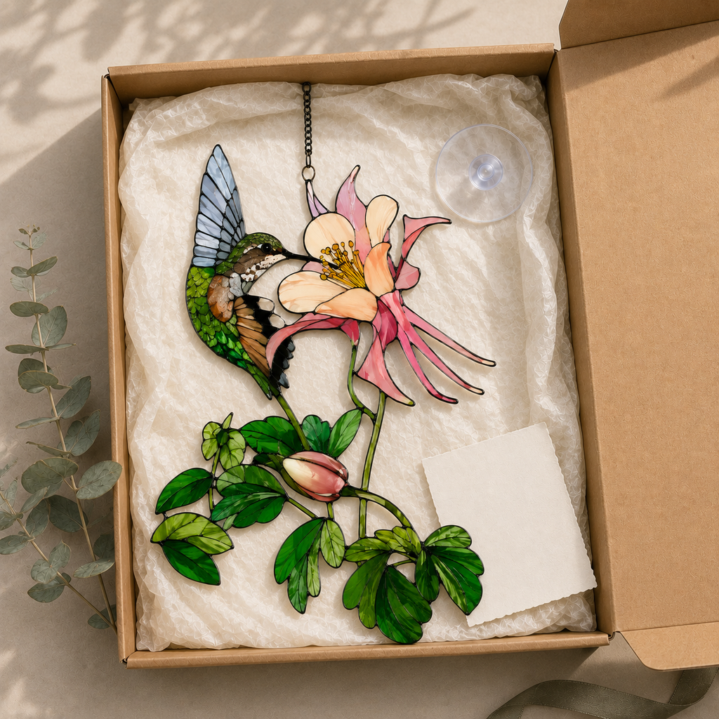 Hummingbird & Columbine Holographic Acrylic Suncatcher