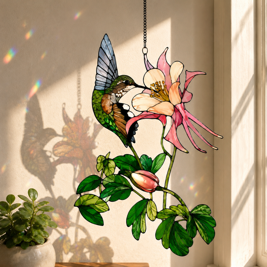 Hummingbird & Columbine Holographic Acrylic Suncatcher