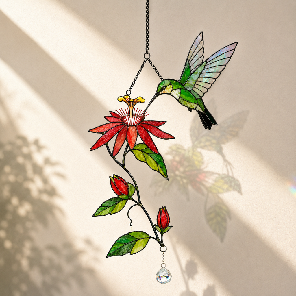 Hummingbird & Passion Flower Holographic Acrylic Suncatcher