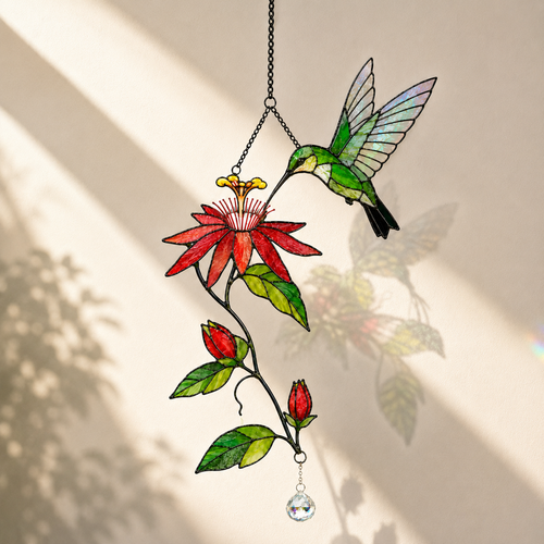 Hummingbird & Passion Flower Holographic Acrylic Suncatcher