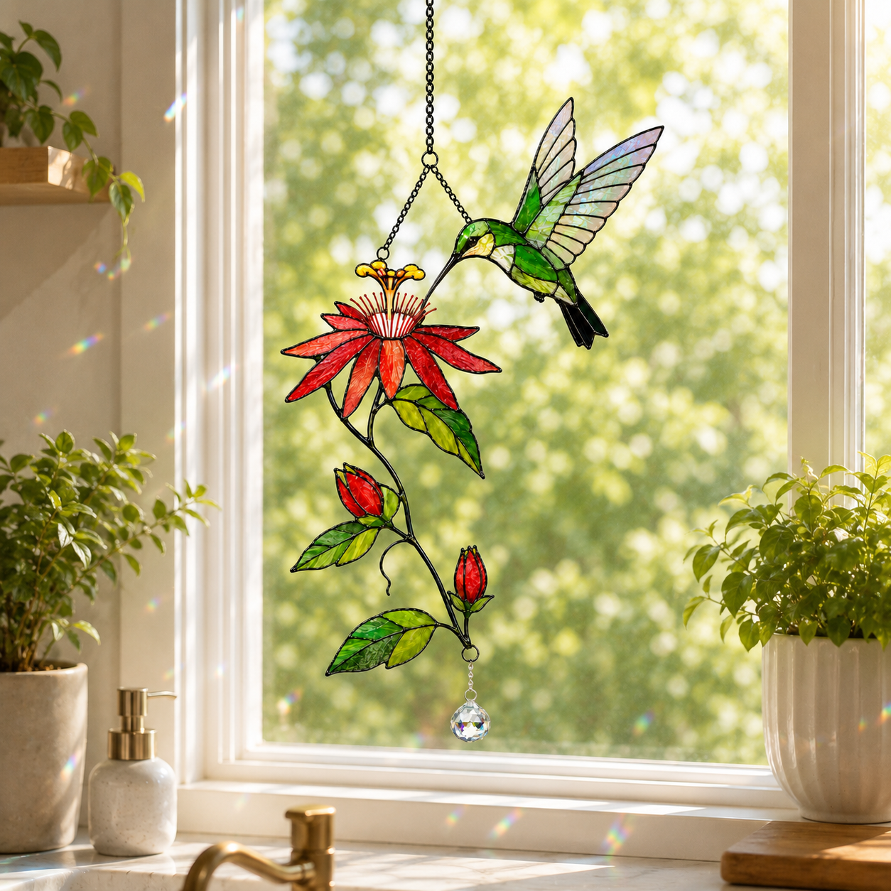 Hummingbird & Passion Flower Holographic Acrylic Suncatcher