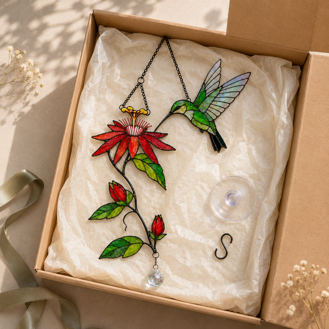Hummingbird & Passion Flower Holographic Acrylic Suncatcher