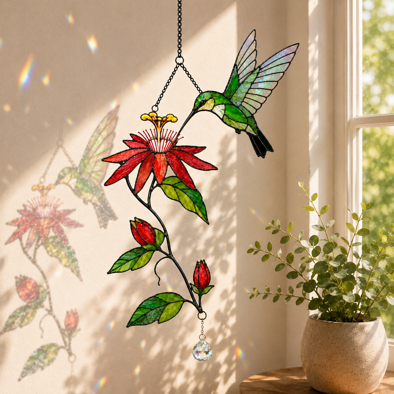 Hummingbird & Passion Flower Holographic Acrylic Suncatcher