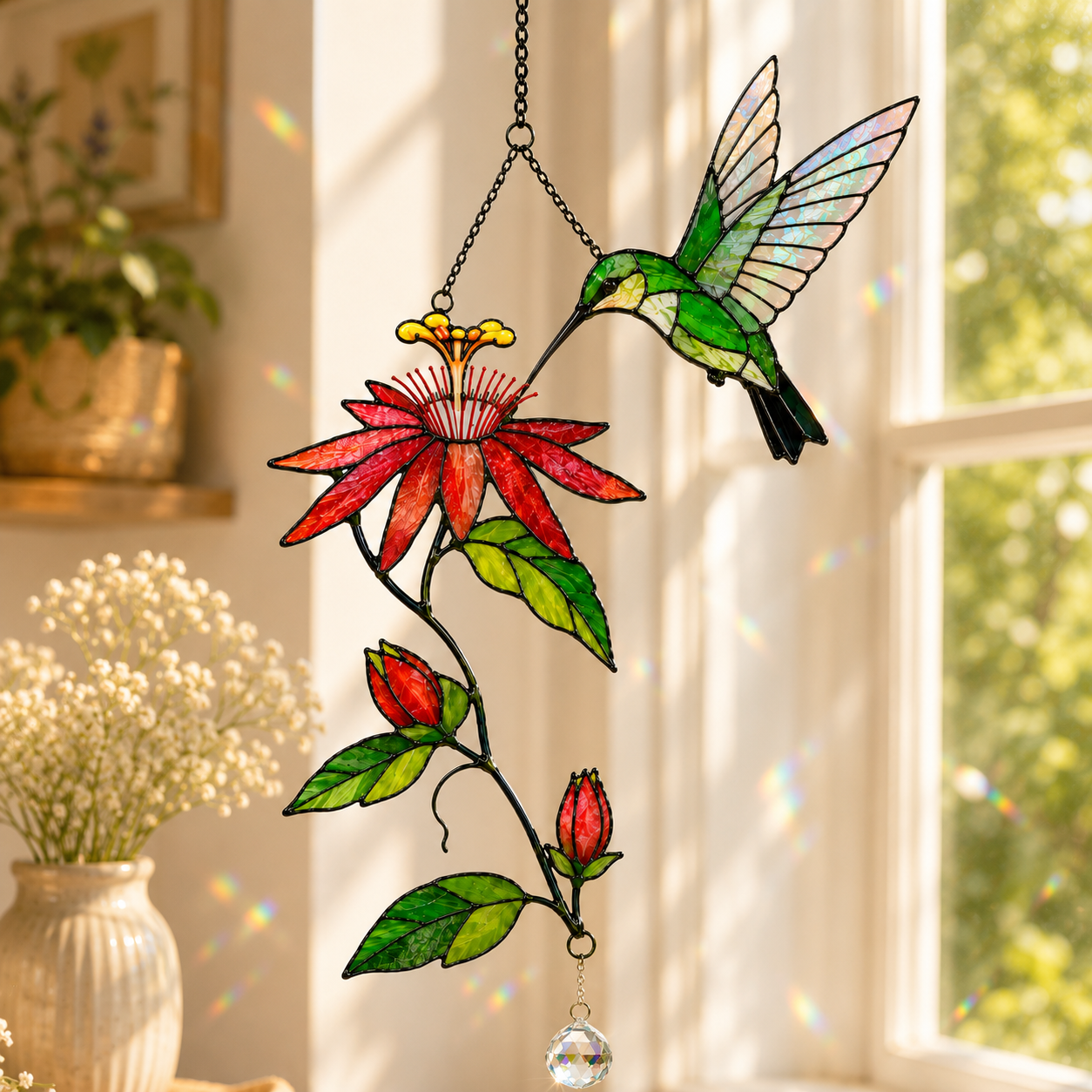 Hummingbird & Passion Flower Holographic Acrylic Suncatcher