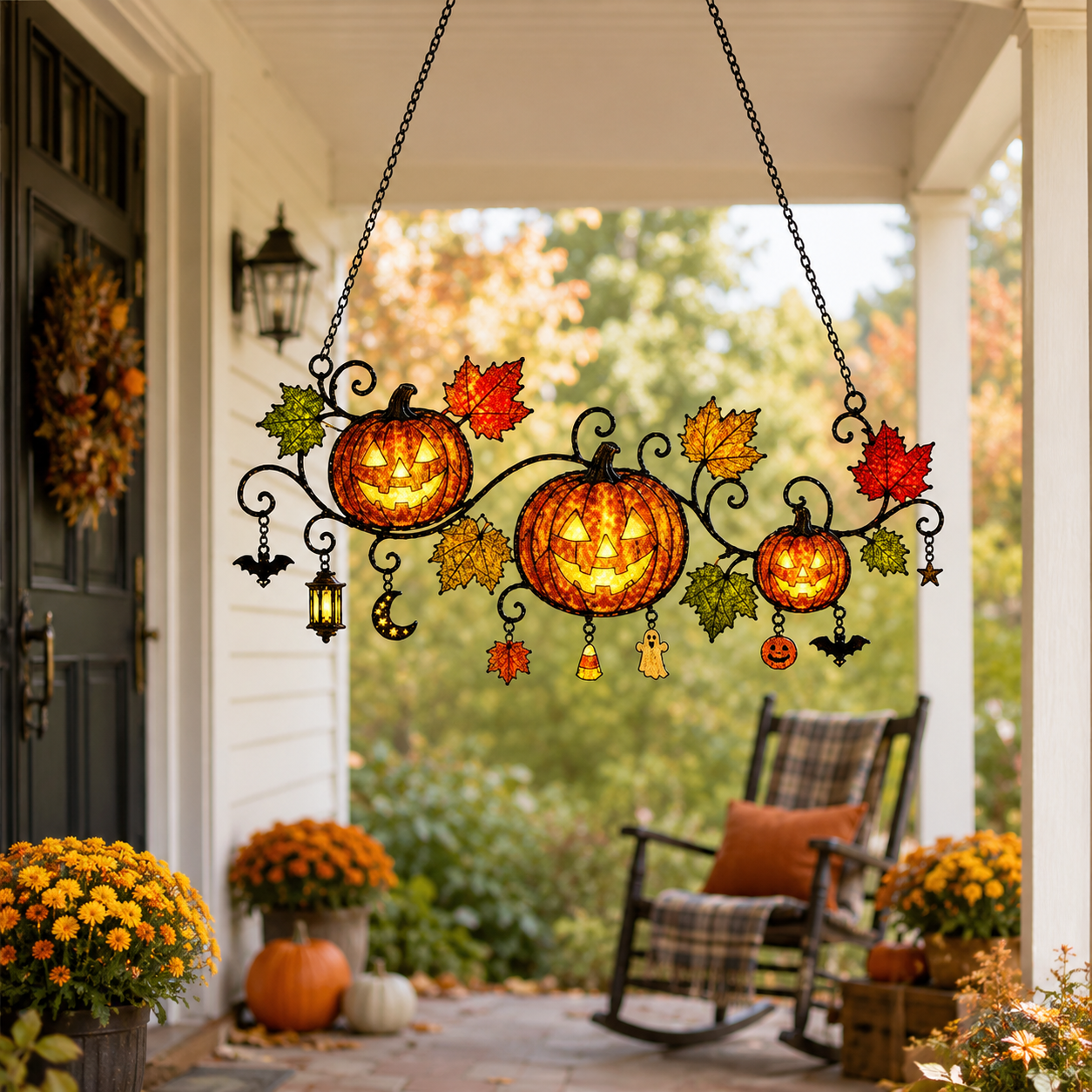 Pumpkins with Autumn Vine & Charms Holographic Acrylic Suncatcher
