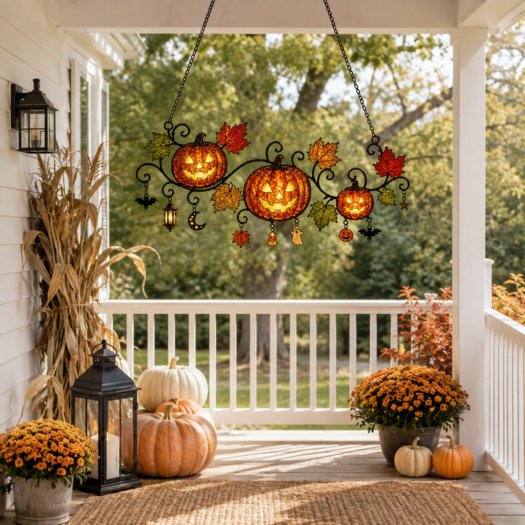 Pumpkins with Autumn Vine & Charms Holographic Acrylic Suncatcher