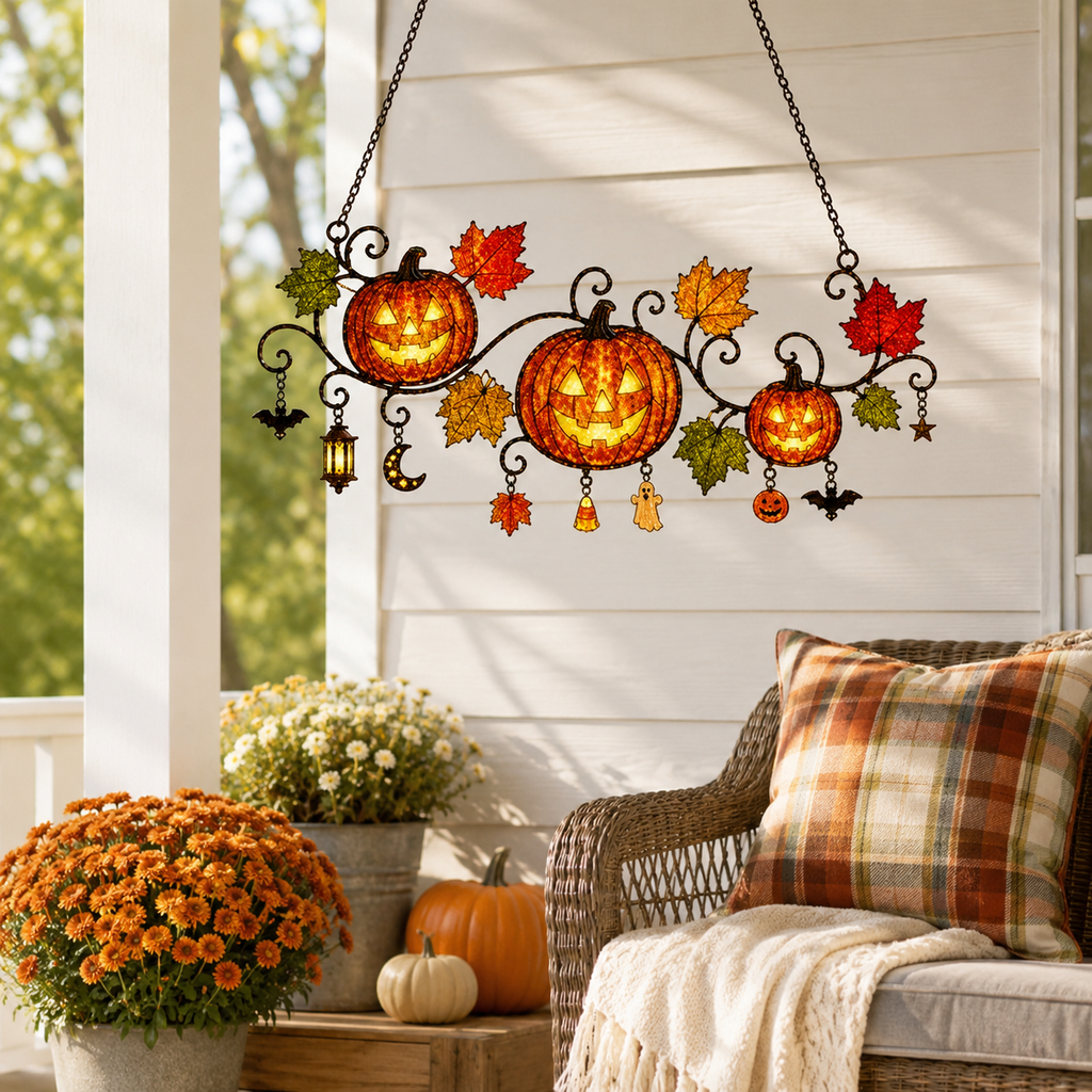 Pumpkins with Autumn Vine & Charms Holographic Acrylic Suncatcher