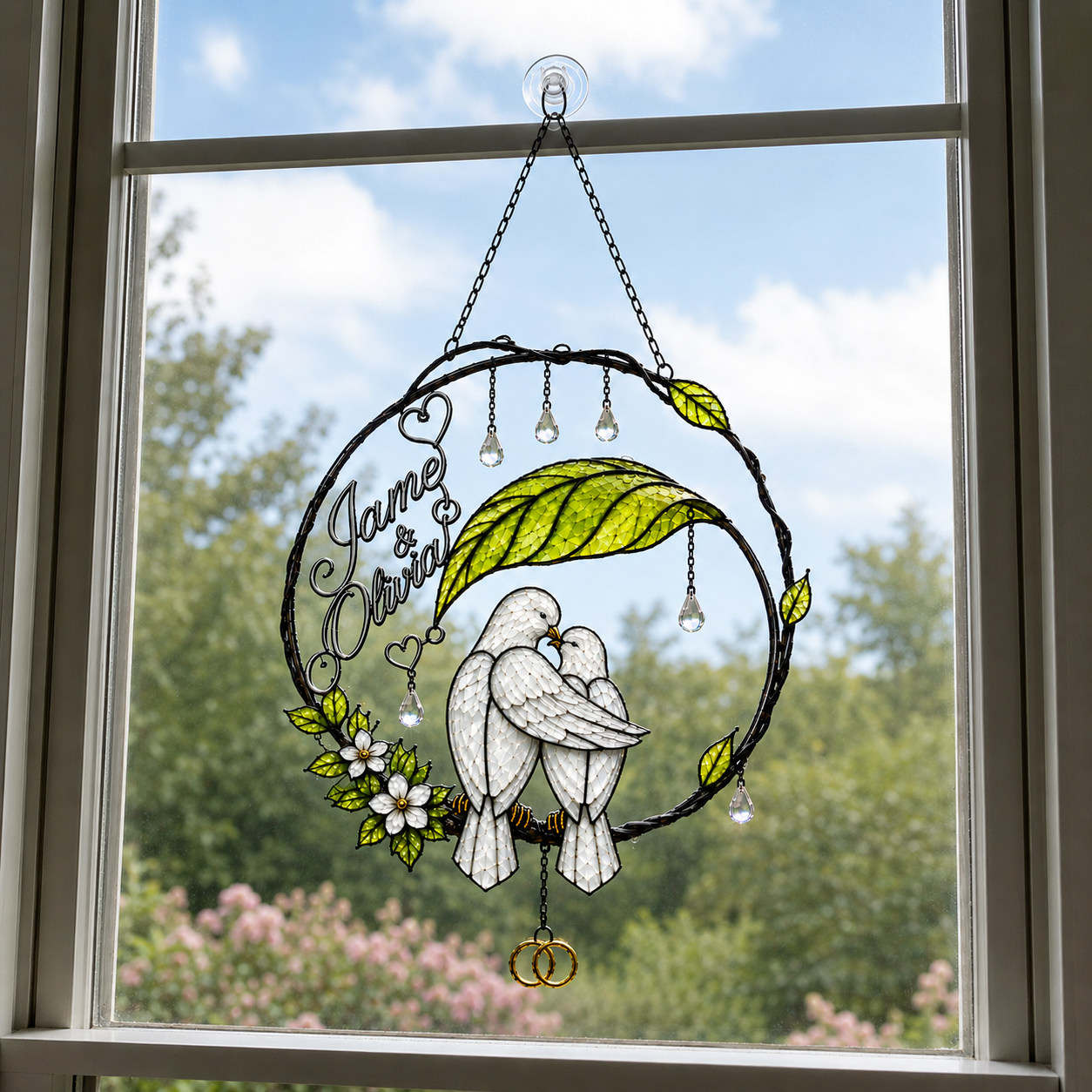 Personalized Dove Couple Wedding Rings Wreath Holographic Acrylic Suncatcher