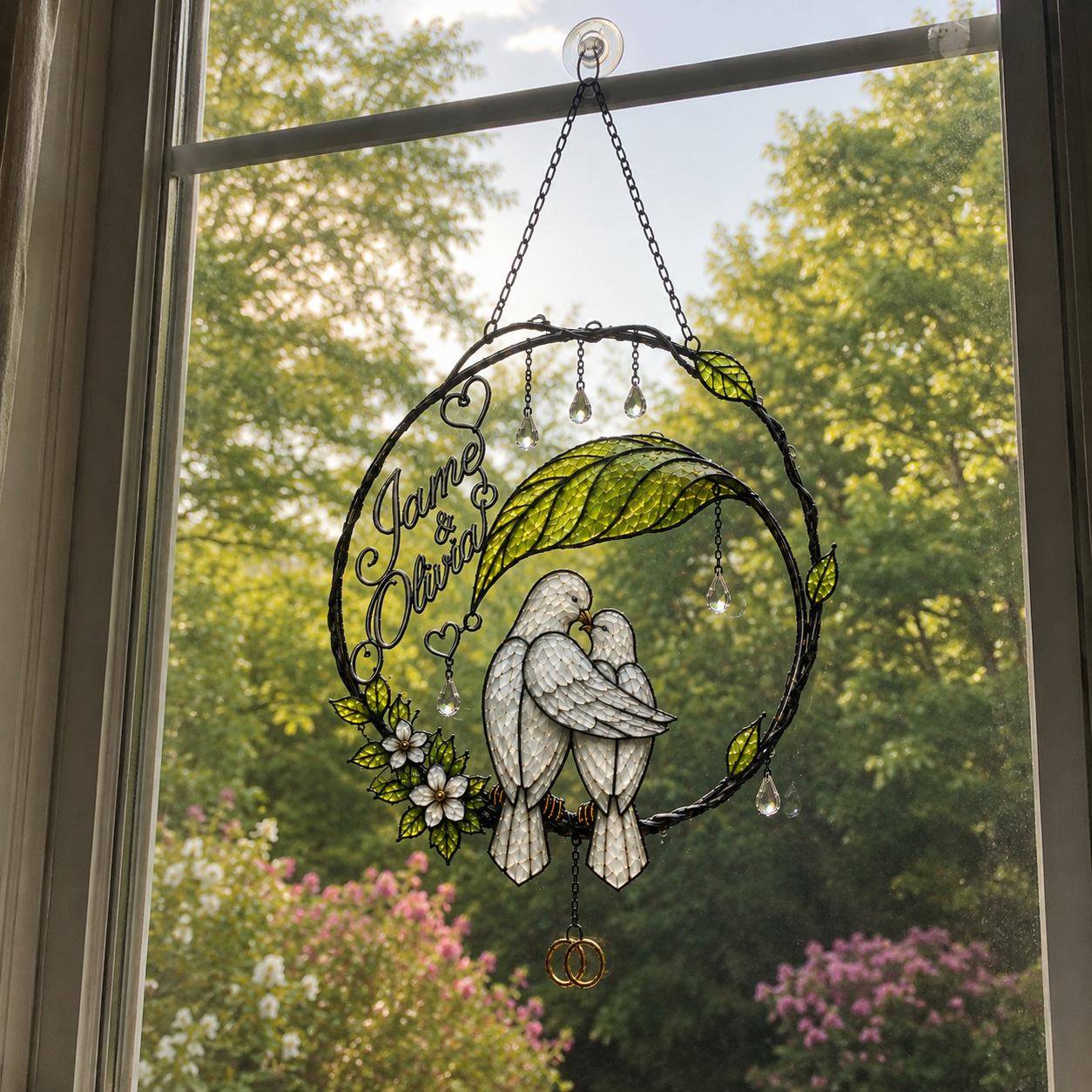 Personalized Dove Couple Wedding Rings Wreath Holographic Acrylic Suncatcher