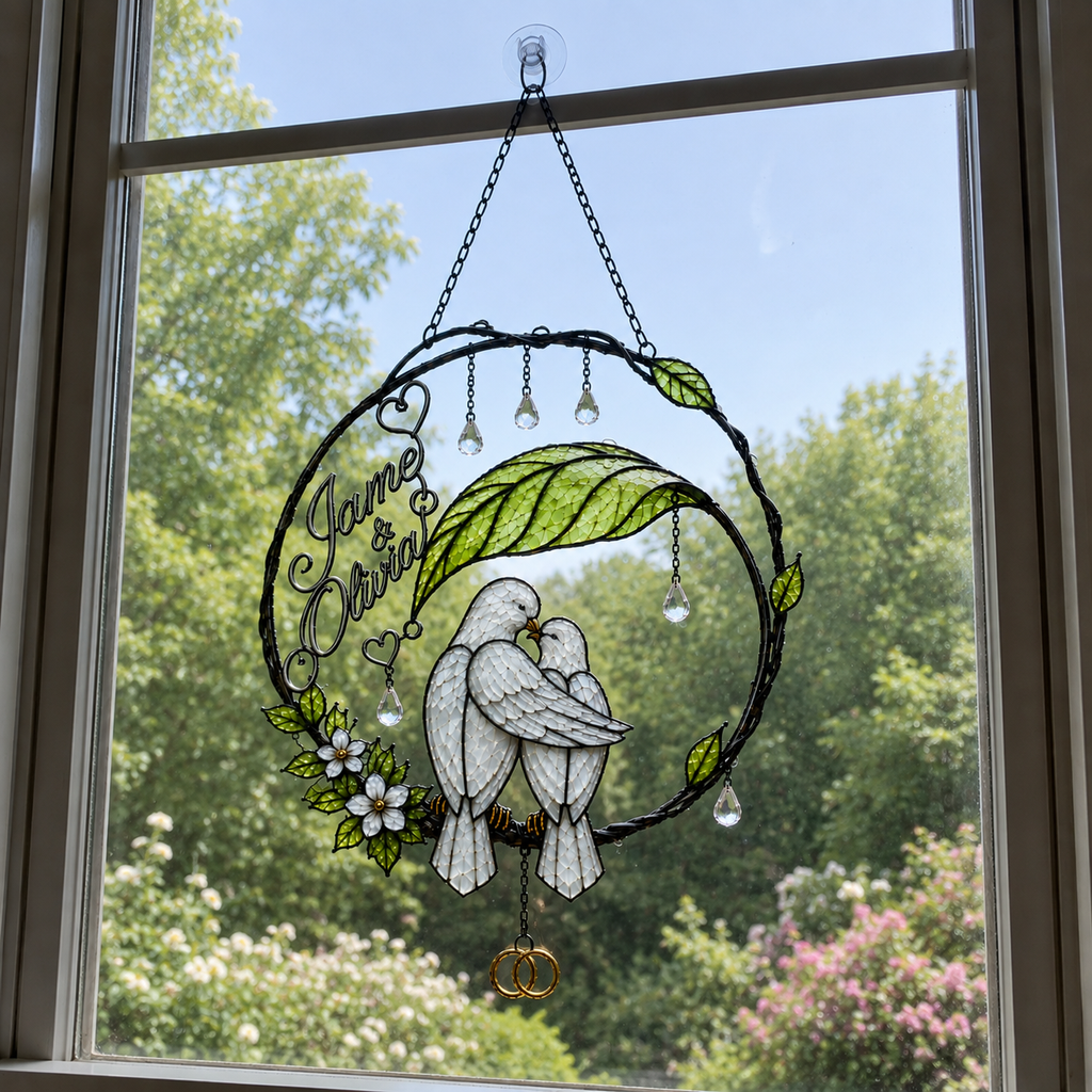 Personalized Dove Couple Wedding Rings Wreath Holographic Acrylic Suncatcher