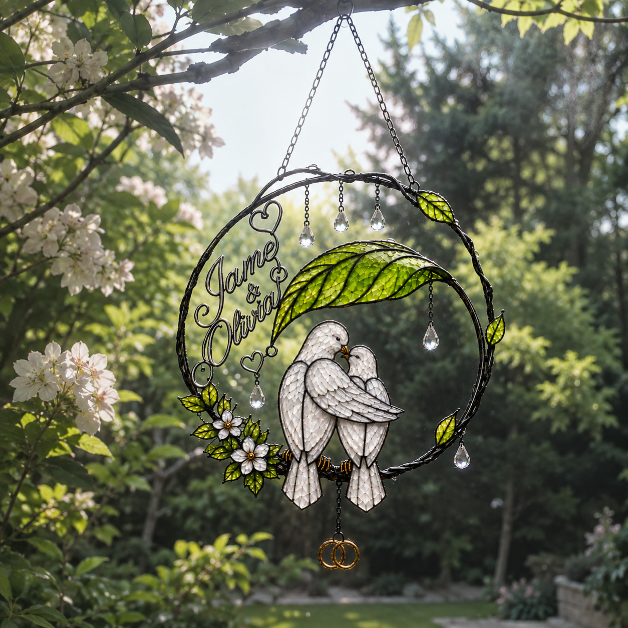 Personalized Dove Couple Wedding Rings Wreath Holographic Acrylic Suncatcher