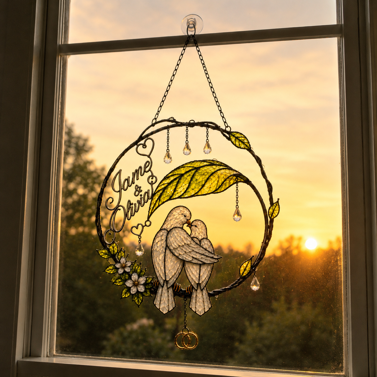 Personalized Dove Couple Wedding Rings Wreath Holographic Acrylic Suncatcher