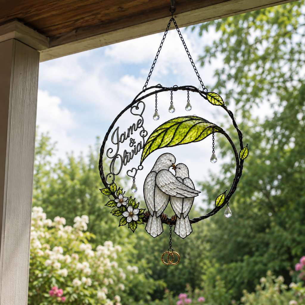 Personalized Dove Couple Wedding Rings Wreath Holographic Acrylic Suncatcher