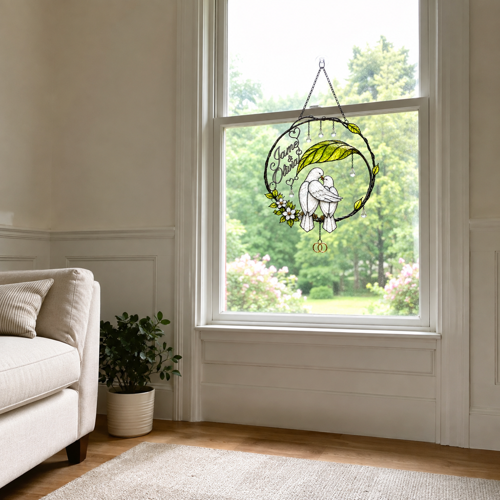 Personalized Dove Couple Wedding Rings Wreath Holographic Acrylic Suncatcher