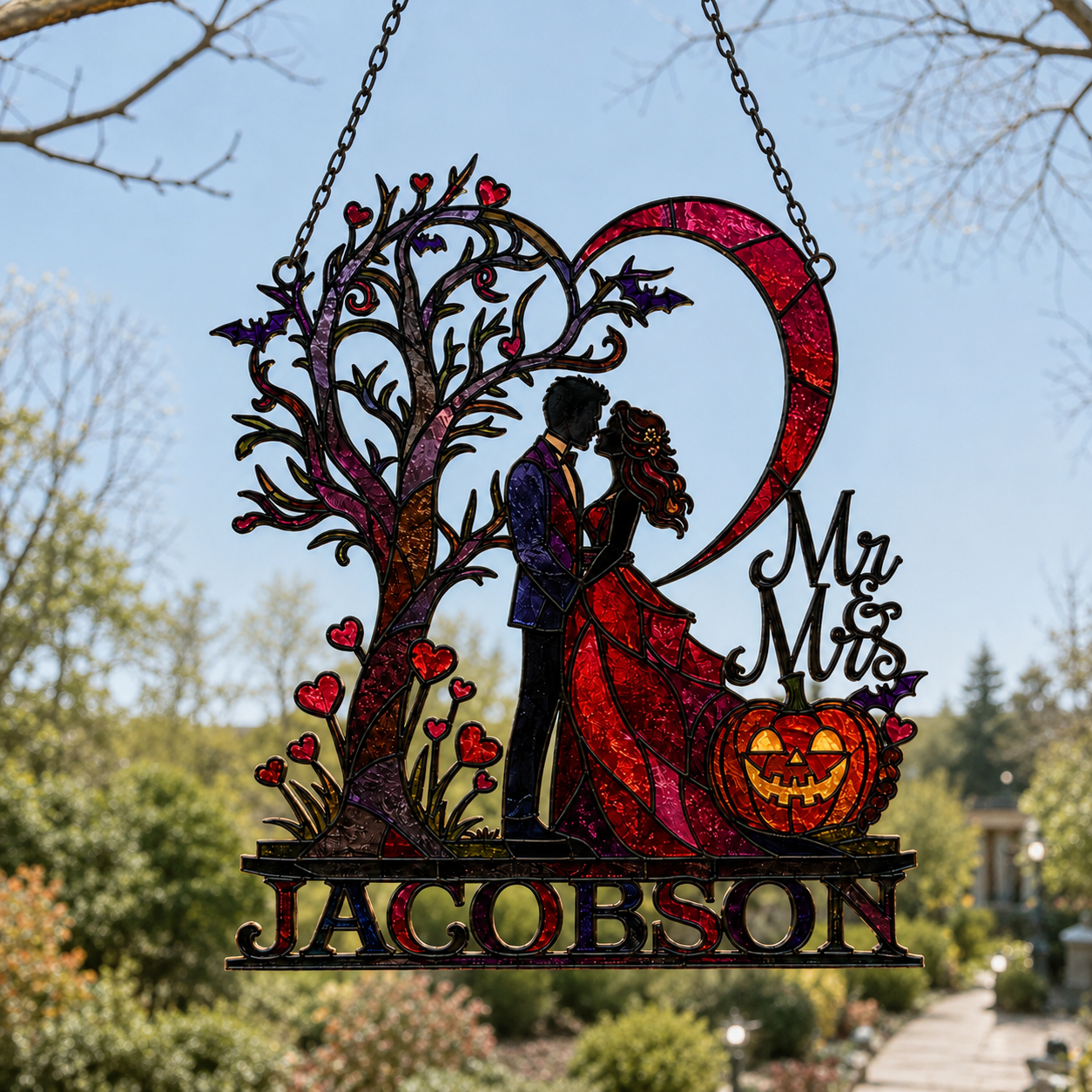 Personalized Halloween Couple Love Tree & Pumpkin Holographic Acrylic Suncatcher