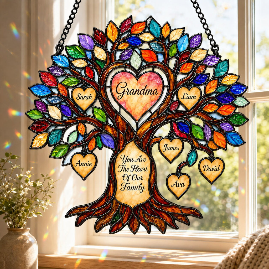 Personalized Grandma Heart Family Tree Holographic Acrylic Suncatcher