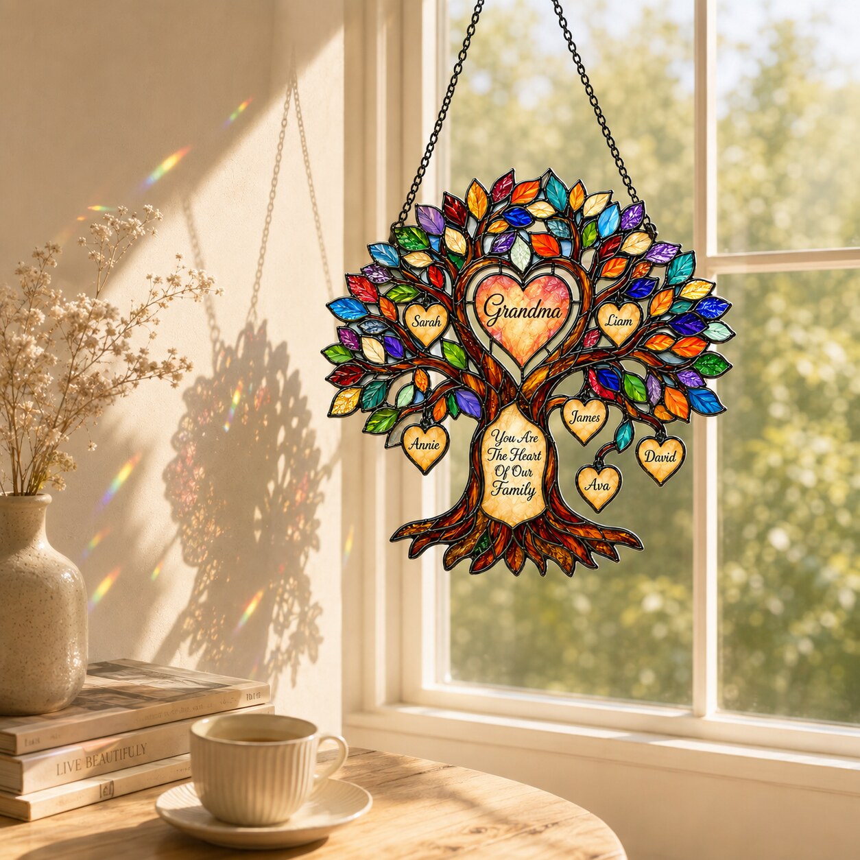 Personalized Grandma Heart Family Tree Holographic Acrylic Suncatcher