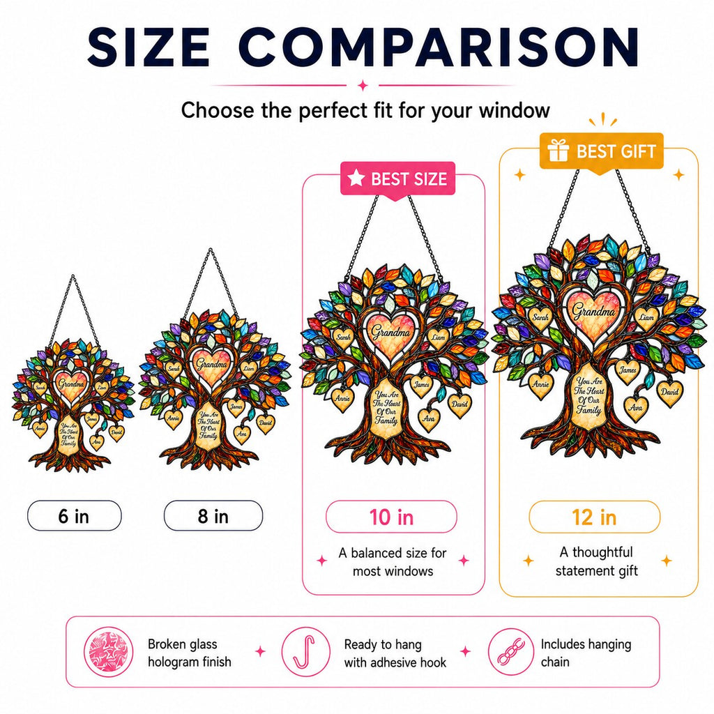 Personalized Grandma Heart Family Tree Holographic Acrylic Suncatcher