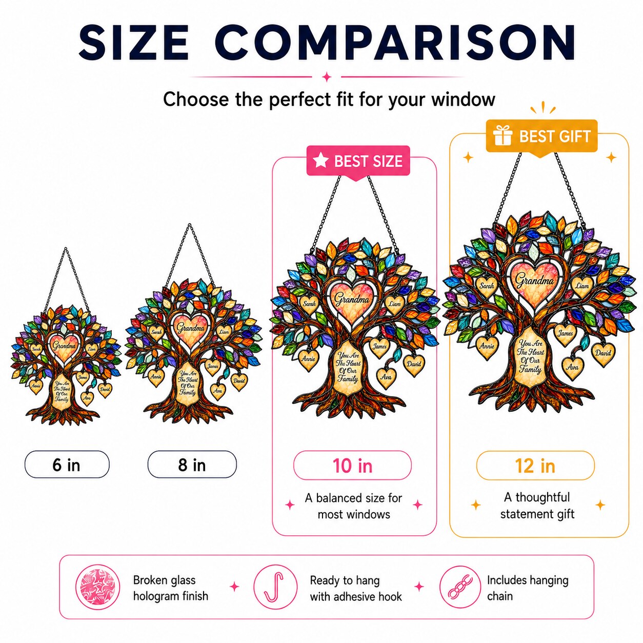 Personalized Grandma Heart Family Tree Holographic Acrylic Suncatcher