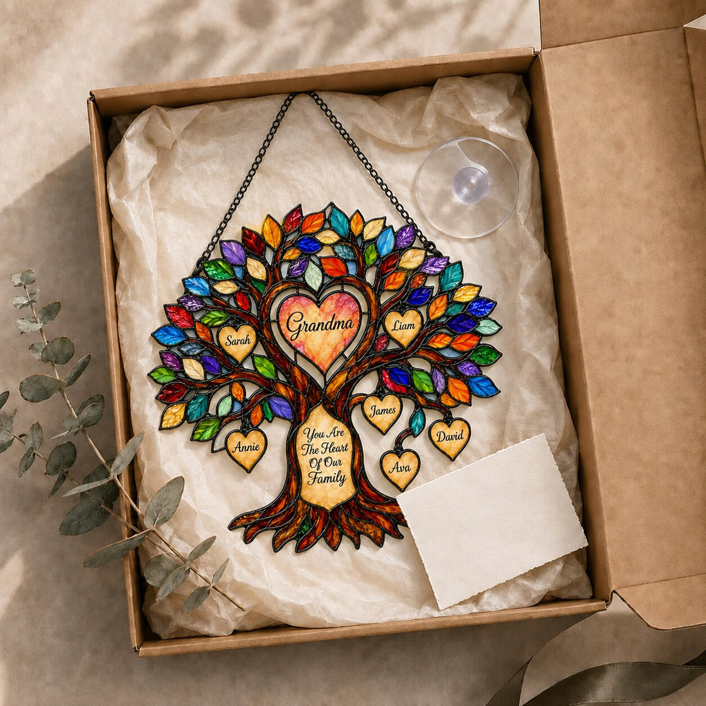 Personalized Grandma Heart Family Tree Holographic Acrylic Suncatcher