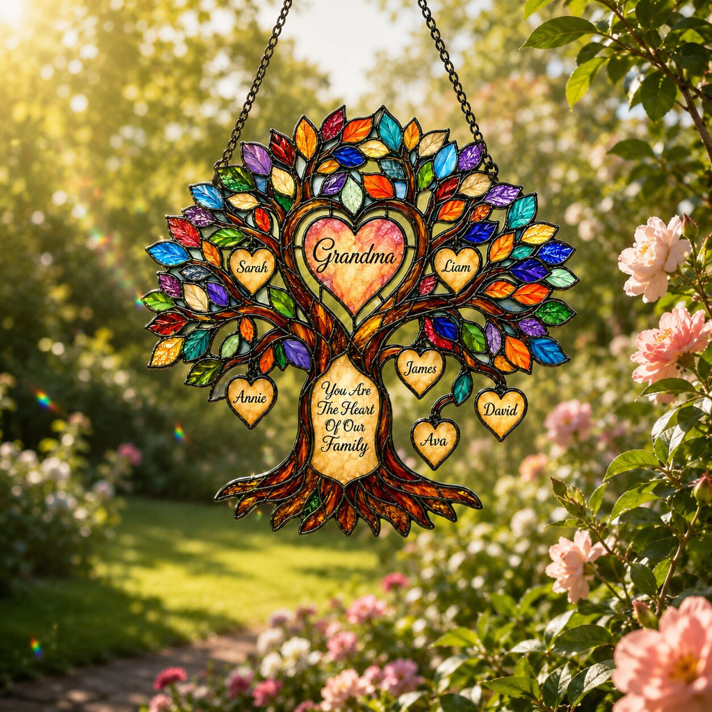 Personalized Grandma Heart Family Tree Holographic Acrylic Suncatcher