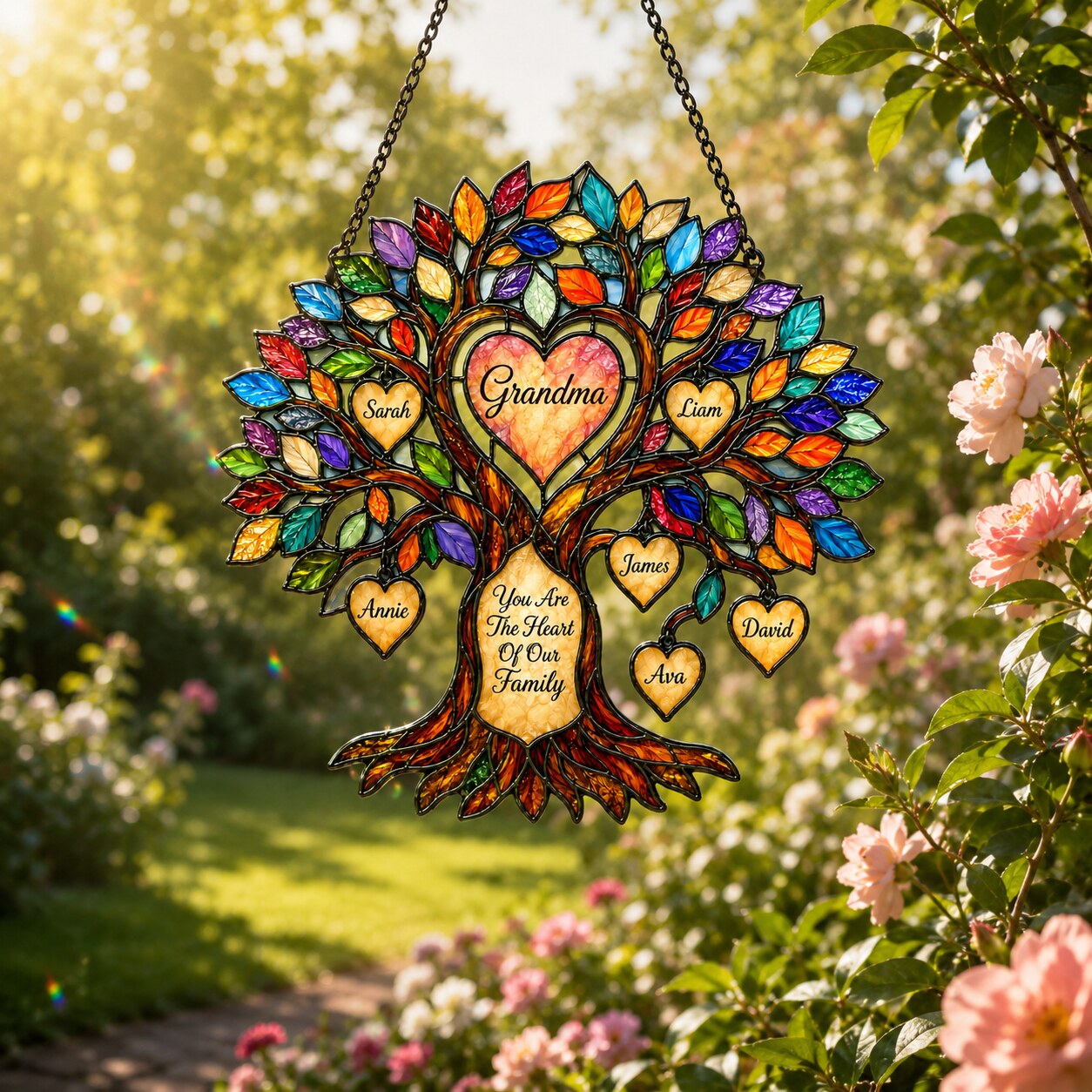 Personalized Grandma Heart Family Tree Holographic Acrylic Suncatcher