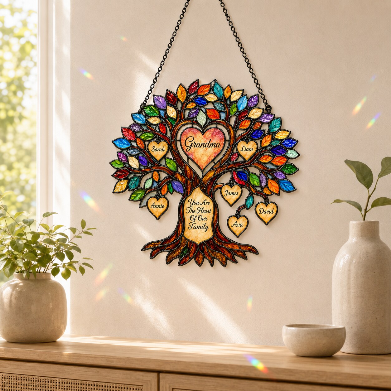 Personalized Grandma Heart Family Tree Holographic Acrylic Suncatcher