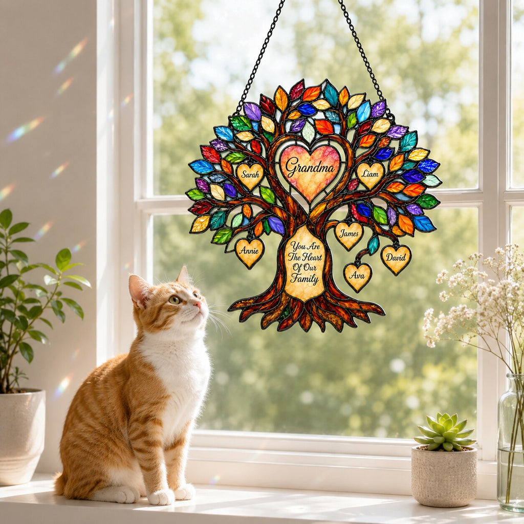 Personalized Grandma Heart Family Tree Holographic Acrylic Suncatcher