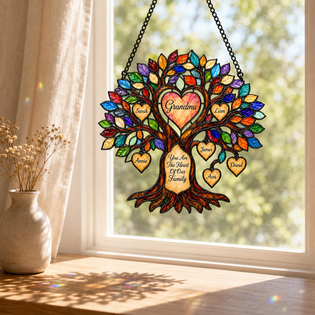 Personalized Grandma Heart Family Tree Holographic Acrylic Suncatcher