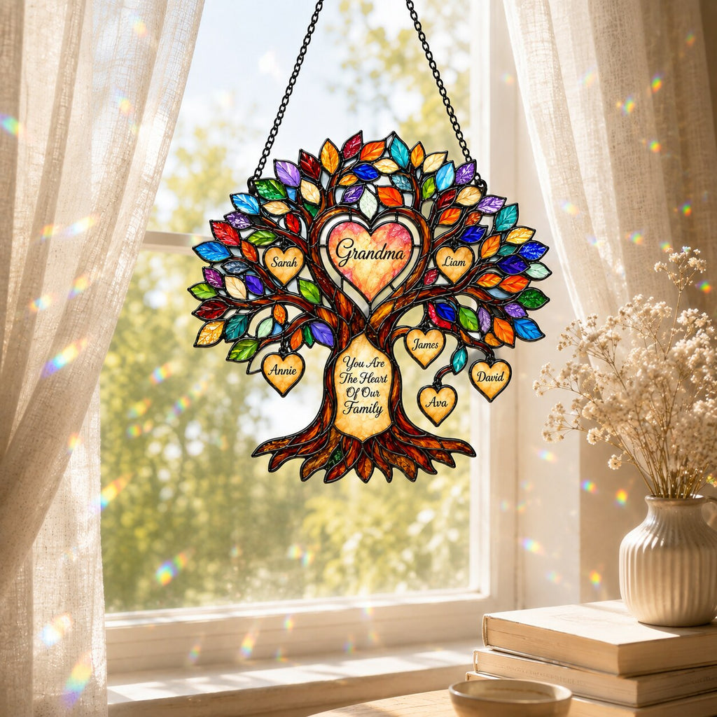 Personalized Grandma Heart Family Tree Holographic Acrylic Suncatcher