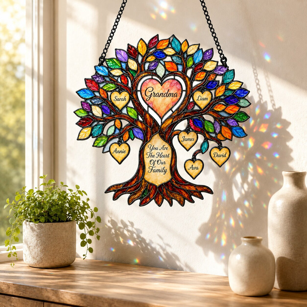 Personalized Grandma Heart Family Tree Holographic Acrylic Suncatcher