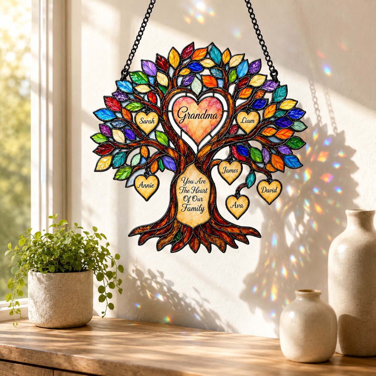 Personalized Grandma Heart Family Tree Holographic Acrylic Suncatcher