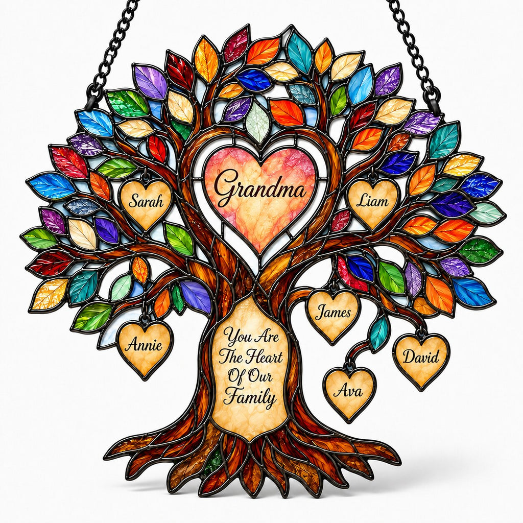 Personalized Grandma Heart Family Tree Holographic Acrylic Suncatcher