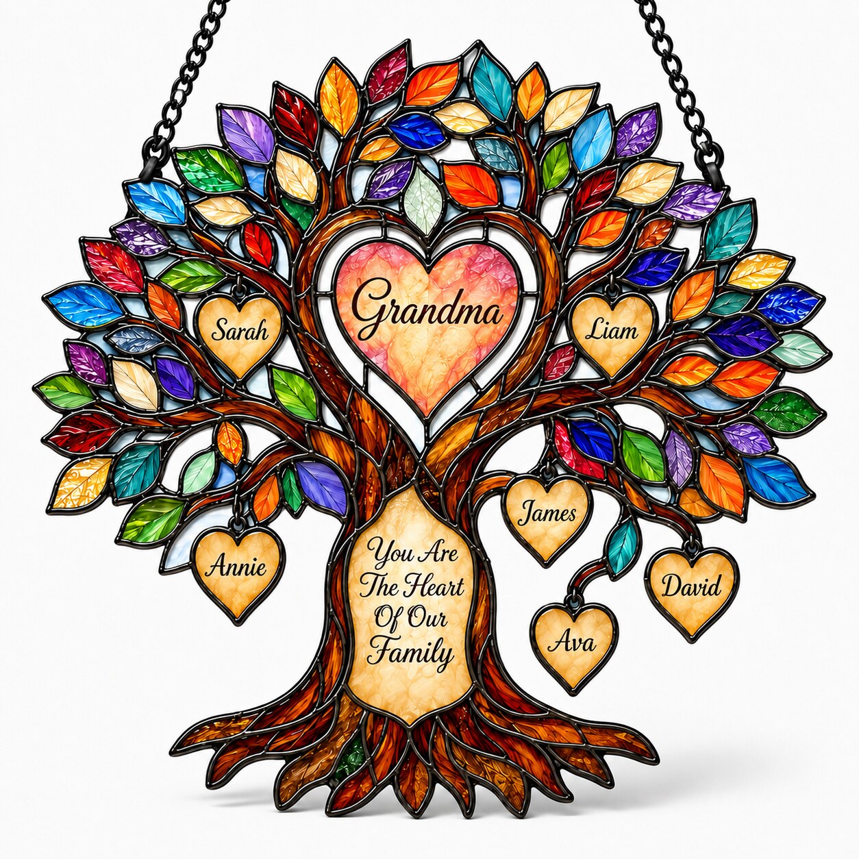 Personalized Grandma Heart Family Tree Holographic Acrylic Suncatcher